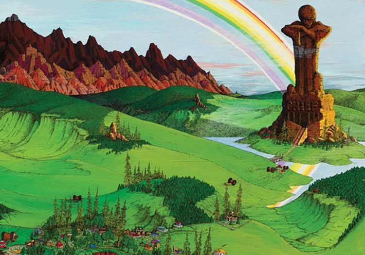 Colorful landscape with rainbow and mountains.