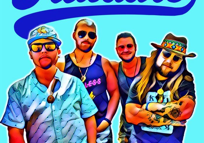 Band members posing with "Twiddle" logo.