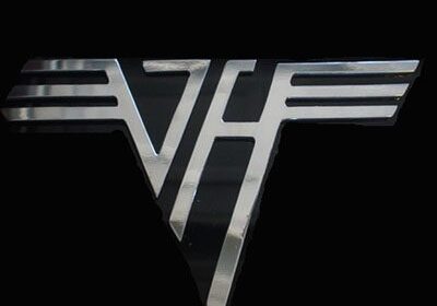 Silver metallic logo on black background.