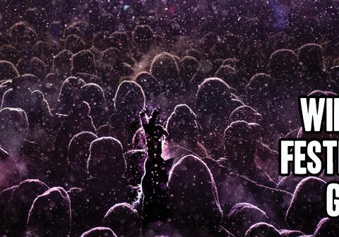 Crowd enjoying a snowy winter festival.